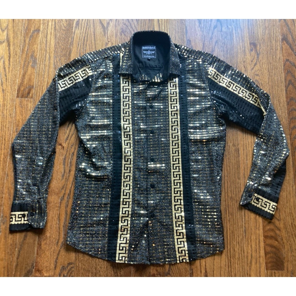 BARABAS Shirt Mens Size Medium Sequin Black Gold Long Sleeve Button up Bold